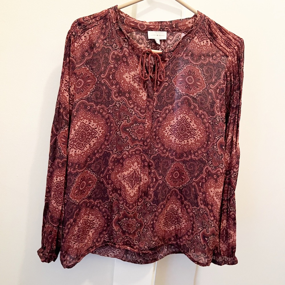 Lucky Brand Peasant Blouse‎ Large Red Viscose Button Front Boho Casual
